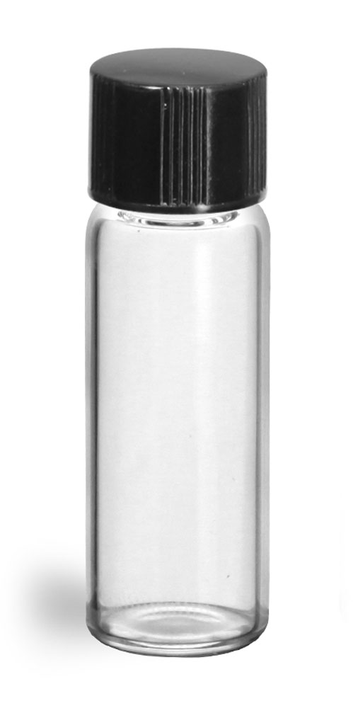 1/2 dram Clear Glass Vials w/ Black Phenolic PV Lined Caps