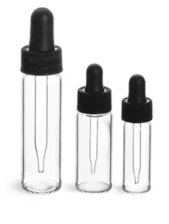 Glass Vials, Clear Glass Vials w/ Straight Black Bulb Glass Droppers
