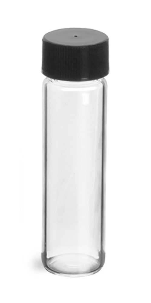 2 Dram Clear Glass Vials w/ Black Polypro Ribbed Foil Lined Caps