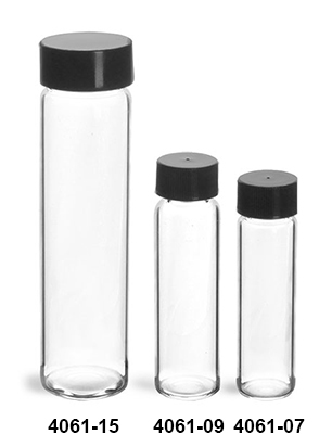 Glass Vials, Clear Glass Vials w/ Black Polypro Foil Lined Caps