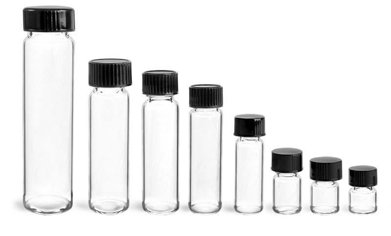 Glass Vials, Clear Glass Vials w/ Black Phenolic Cone Lined Caps