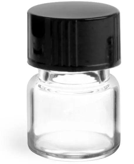 1 dram 1 dram Clear Glass Vials w/ Black Phenolic Cone Lined Caps