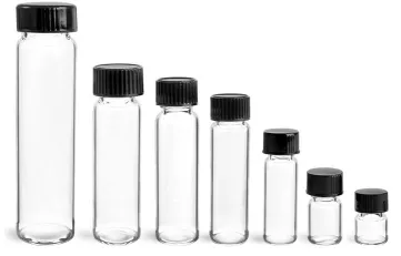 Glass Vials, Clear Glass Vials w/ Black Phenolic Cone Lined Caps