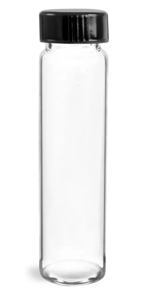 8 dram Clear Glass Vials w/ Black Phenolic Cone Lined Caps