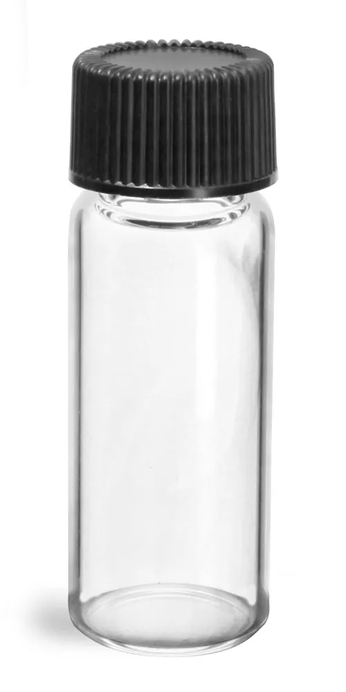 2 dram Glass Vials, Clear Glass Vials w/ Black Ribbed PE Lined Caps