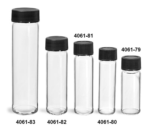 Glass Vials, Clear Glass Vials w/ Black Ribbed PE Lined Caps