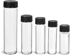 Glass Vials, Clear Glass Vials w/ Black Ribbed PE Lined Caps