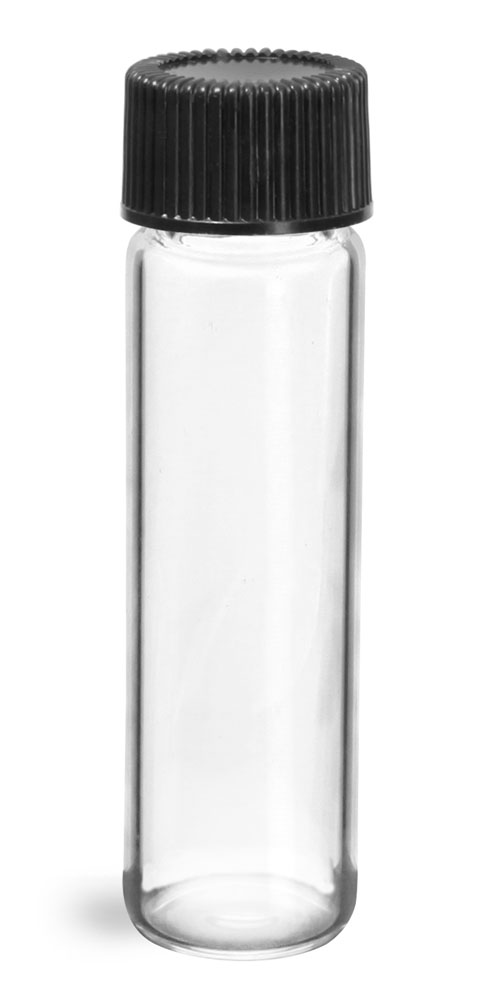 2 dram Glass Vials, Clear Glass Vials w/ Black Ribbed PE Lined Caps
