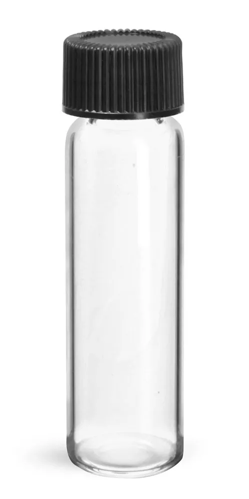 3 dram Glass Vials, Clear Glass Vials w/ Black Ribbed PE Lined Caps