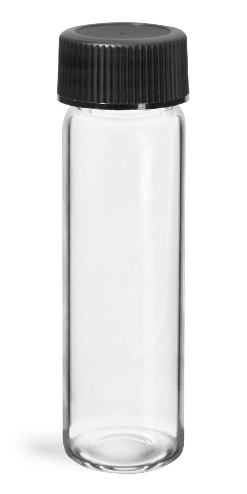 4 dram Glass Vials, Clear Glass Vials w/ Black Ribbed PE Lined Caps