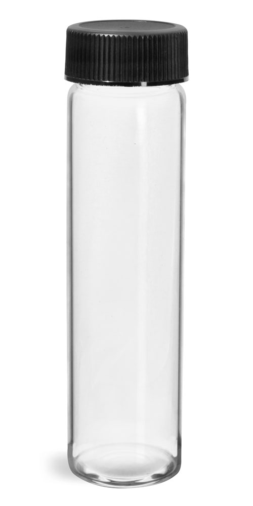 8 dram Glass Vials, Clear Glass Vials w/ Black Ribbed PE Lined Caps