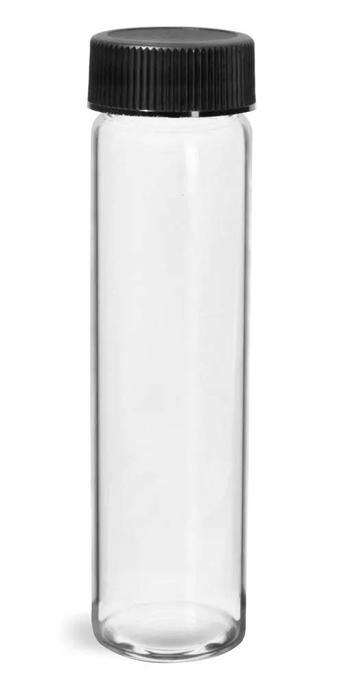 8 dram Glass Vials, Clear Glass Vials w/ Black Ribbed PE Lined Caps