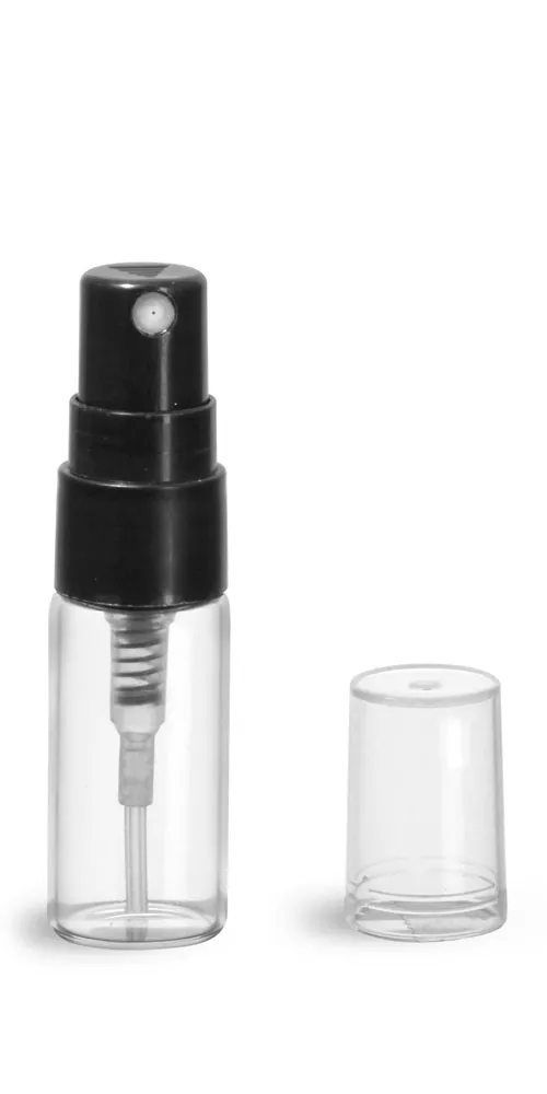 3 ml Glass Vials, Clear Glass Vials w/ Black Smooth Sprayers & Overcaps