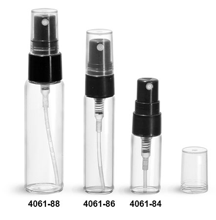 Glass Vials, Clear Glass Vials w/ Black Smooth Sprayers & Overcaps