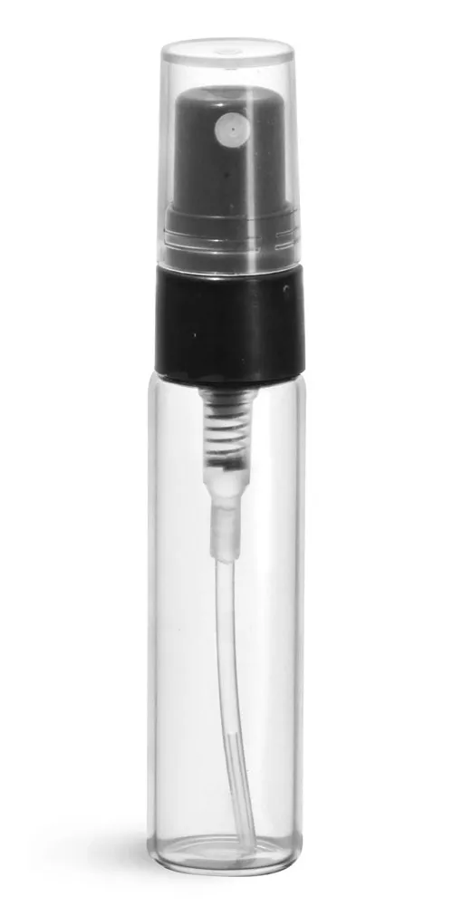 5 ml Glass Vials, Clear Glass Vials w/ Black Smooth Sprayers & Overcaps