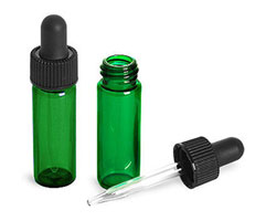Glass Vials, 1 Dram Green Glass Vials w/ Straight Black Bulb Glass Droppers