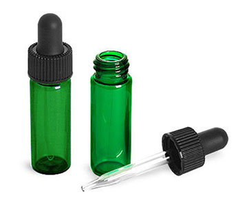 Glass Vials, 1 Dram Green Glass Vials w/ Straight Black Bulb Glass Droppers