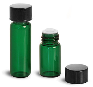 Glass Vials, Green Glass Vials w/ Black Phenolic PV Lined Caps & Orifice Reducers