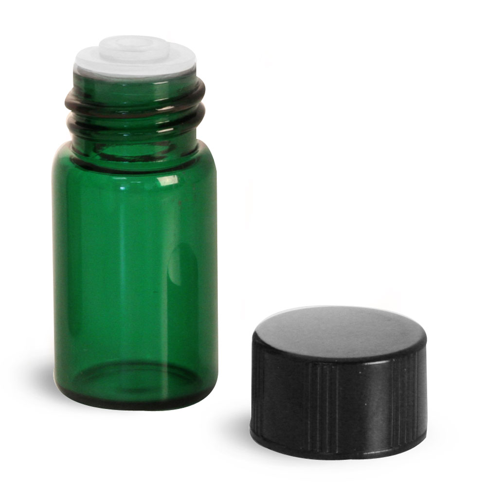 SKS Bottle & Packaging - 5/8 dram Green Glass Vials w/ Black Phenolic ...