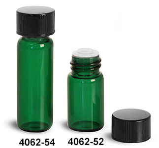 Glass Vials, Green Glass Vials w/ Black Phenolic PV Lined Caps & Orifice Reducers