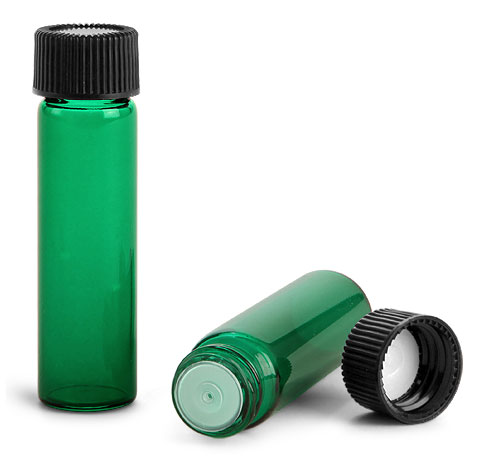 Green Sprayed Glass Vials w/ Black Polypropylene Ribbed PE Lined Caps & Orifice Reducers
