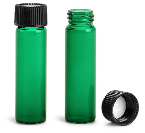 Green Sprayed Glass Vials w/ Black Polypropylene Ribbed F217 Lined Caps
