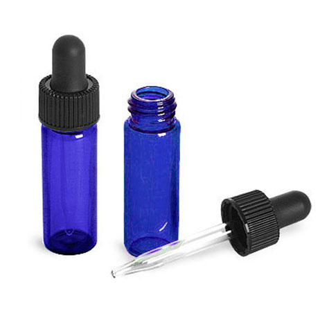 Glass Vials, 1 Dram Blue Glass Vials w/ Straight Black Bulb Glass Droppers