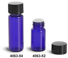 Glass Vials, Blue Glass Vials w/ Black Phenolic PV Lined Caps & Orifice Reducers