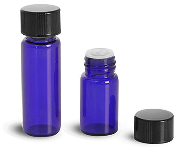 Glass Vials, Blue Glass Vials w/ Black Phenolic PV Lined Caps & Orifice Reducers