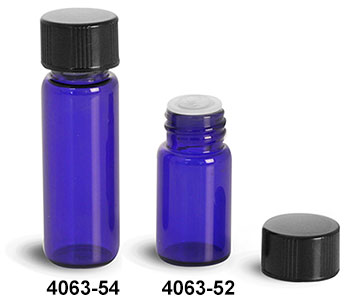 Glass Vials, Blue Glass Vials w/ Black Phenolic PV Lined Caps & Orifice Reducers