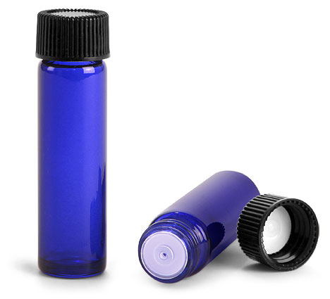 Blue Sprayed Glass Vials w/ Black Polypropylene Ribbed PE Lined Caps & Orifice Reducers