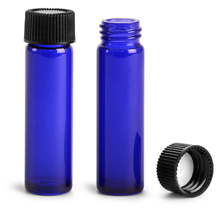 Blue Sprayed Glass Vials w/ Black Polypropylene Ribbed F217 Lined Caps 
