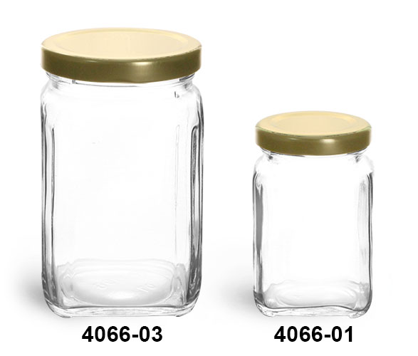 Clear Glass Jars, Clear Glass Square Jars w/ Gold Metal Lug Caps