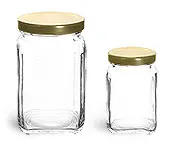 Clear Glass Jars, Glass Square Jars w/ Gold Metal Lug Caps