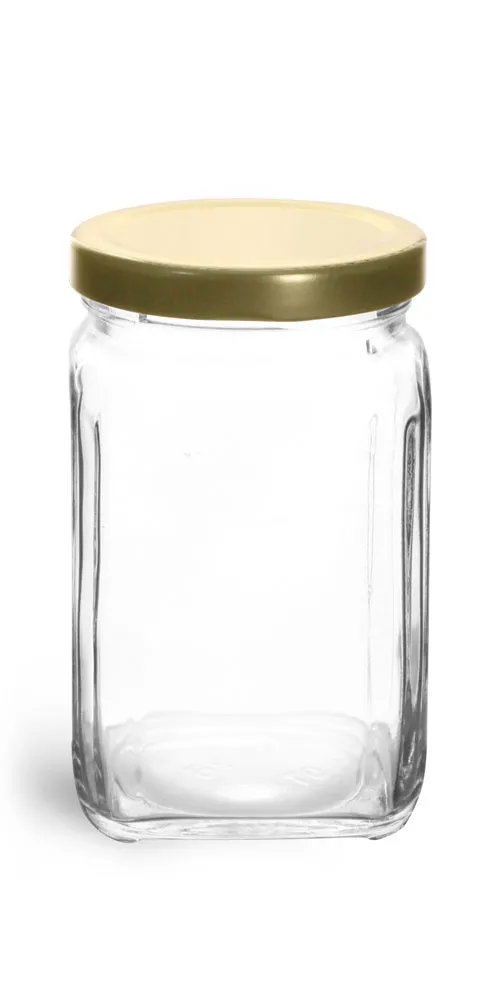 9.8 oz Clear Glass Square Jars w/ Gold Metal Lug Caps