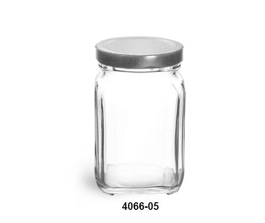 Clear Glass Jars, Clear Glass Square Jars w/ Silver Metal Lug Caps