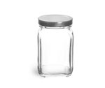 Clear Glass Jars, Glass Square Jars w/ Silver Metal Lug Caps 