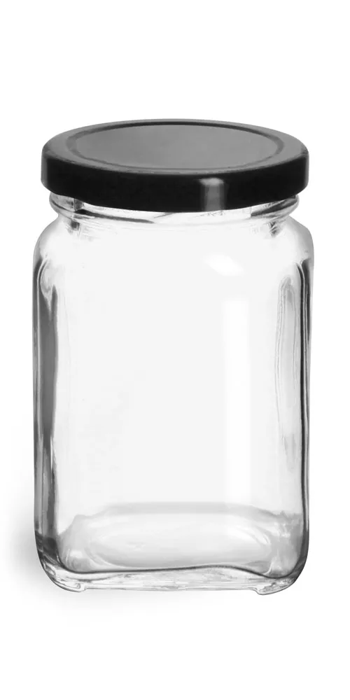 3.75 oz Glass Jars, Clear Glass Square Jars w/ Black Metal Lug Caps