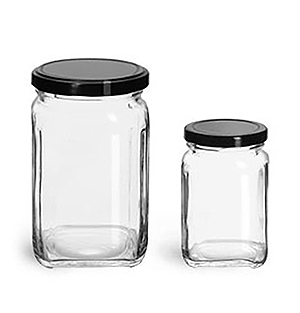 Clear Glass Jars, Clear Glass Square Jars w/ Black Metal Lug Caps