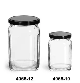 9.8 oz Glass Jars, Clear Glass Square Jars w/ Black Metal Lug Caps