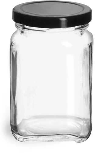 Clear Clear Glass Square Jars w/ Black Metal Lug Caps