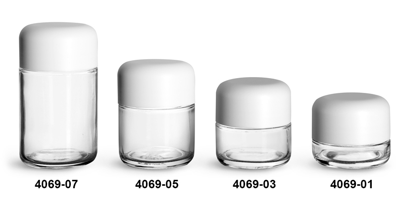 Glass Jars, Clear Glass Child Resistant Wide Mouth Jars w/ Smooth White Child Resistant Dome Caps