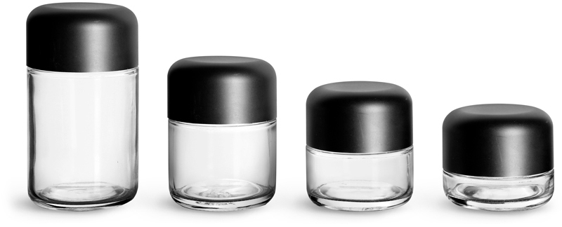 Clear Glass Child Resistant Wide Mouth Jars w/ Smooth Black Child Resistant Dome Caps   