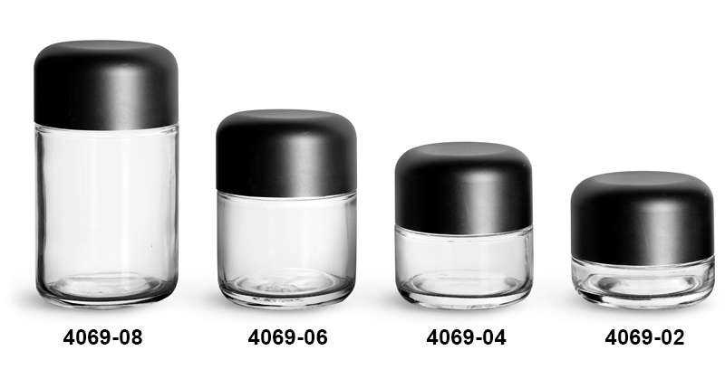 Glass Jars, Clear Glass Child Resistant Wide Mouth Jars w/ Smooth Black Child Resistant Dome Caps