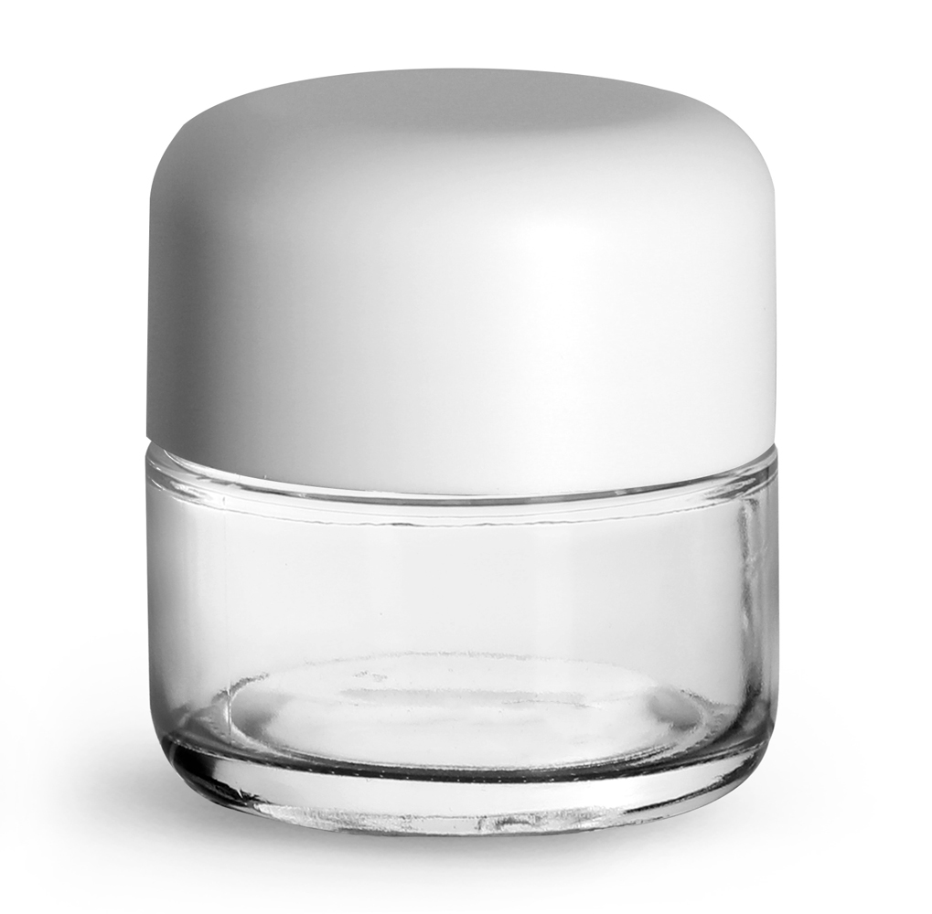 90 ml Clear Glass Child Resistant Wide Mouth Jars w/ Smooth White Child Resistant Dome Caps