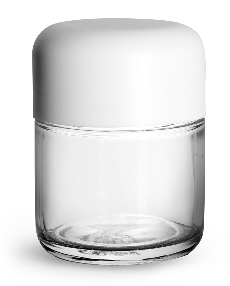 120 ml Clear Glass Child Resistant Wide Mouth Jars w/ Smooth White Child Resistant Dome Caps
