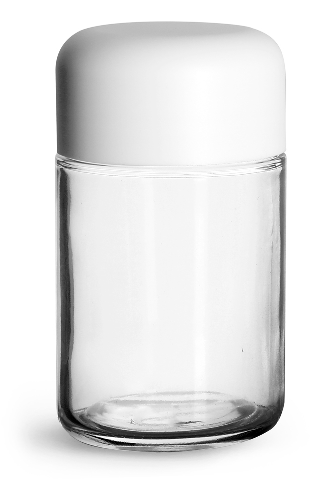 180 ml Clear Glass Child Resistant Wide Mouth Jars w/ Smooth White Child Resistant Dome Caps
