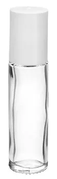 .35 oz White Clear Glass Roll On Containers w/ PE Ball and White Caps (Bulk)