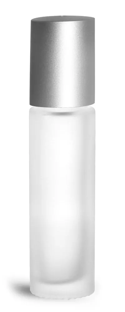 .35 oz w/ Frosted Clear Bottle Glass Bottles, Frosted Glass Roll On Containers w/ Metal Balls and Brushed Silver Polypropylene Caps