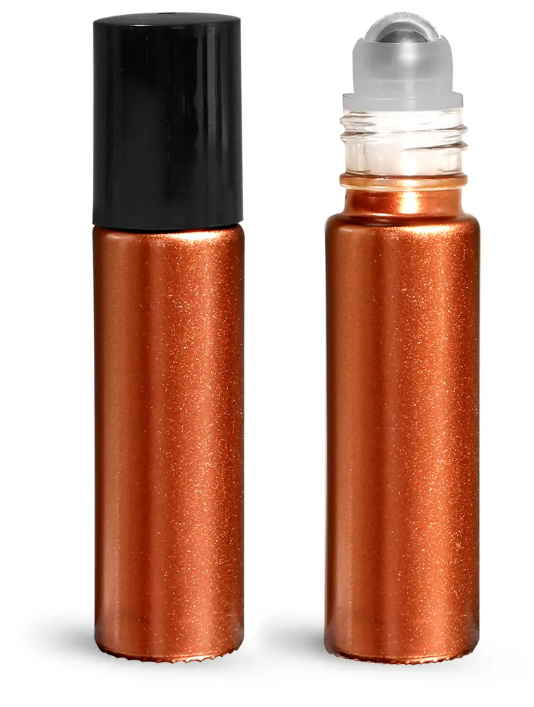 .35 oz Glass Bottles, Bronze Glass Roll On Containers w/ Metal Balls and Black Polypropylene Caps